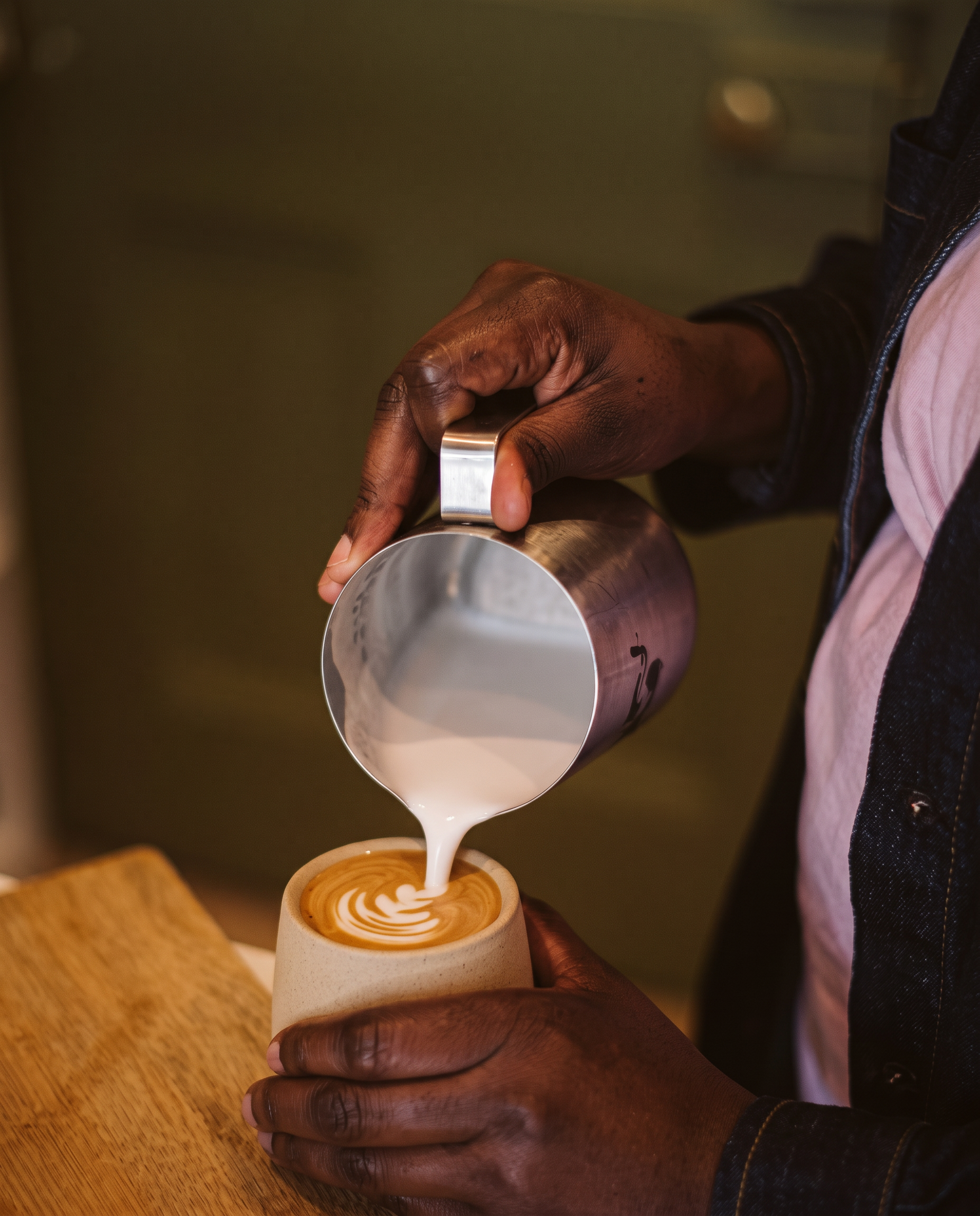 A Feit barista pouring latte art