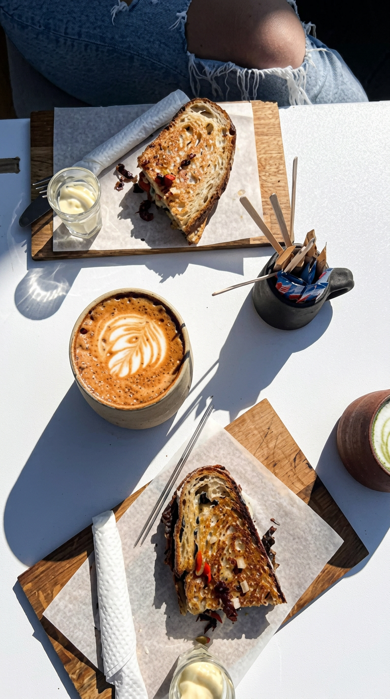 Feit coffee and toasted sandwiches shared at a sunlit table