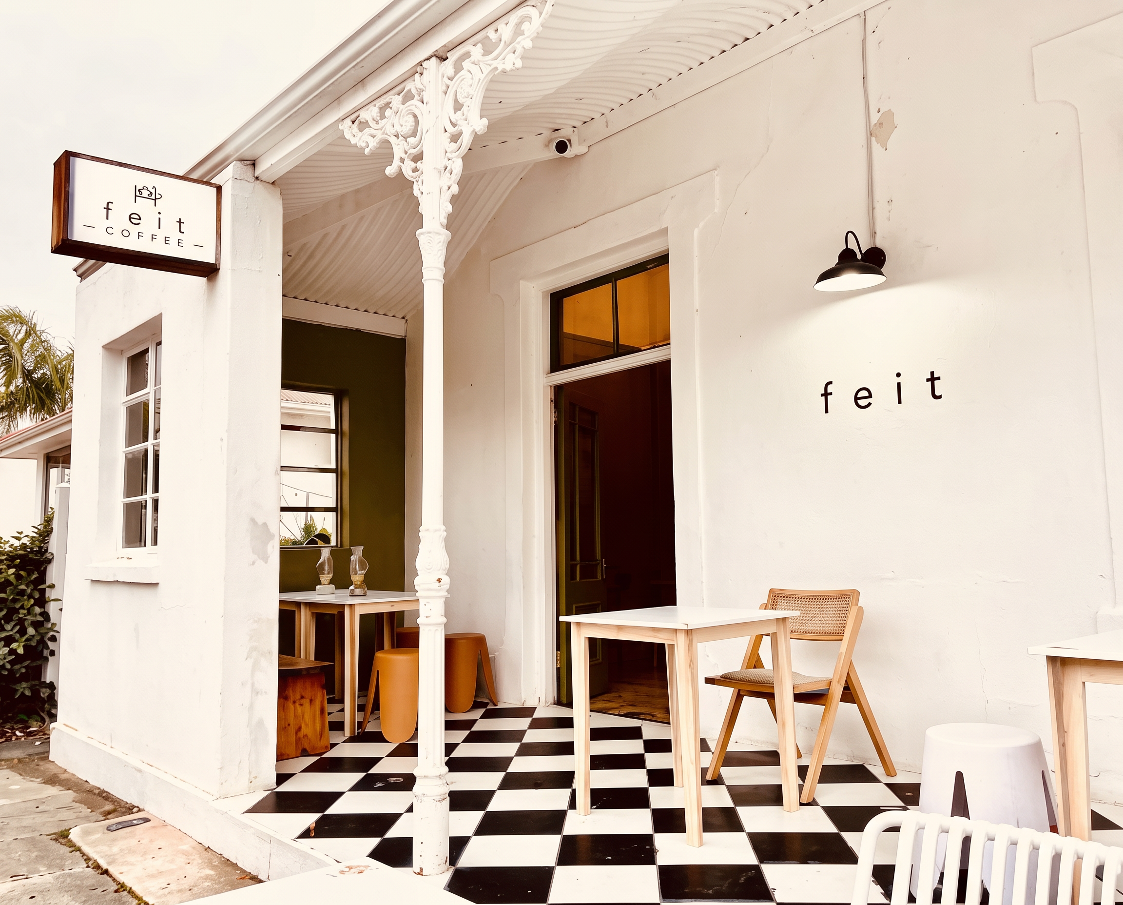 The white Feit Coffee storefront with its chequered terrace